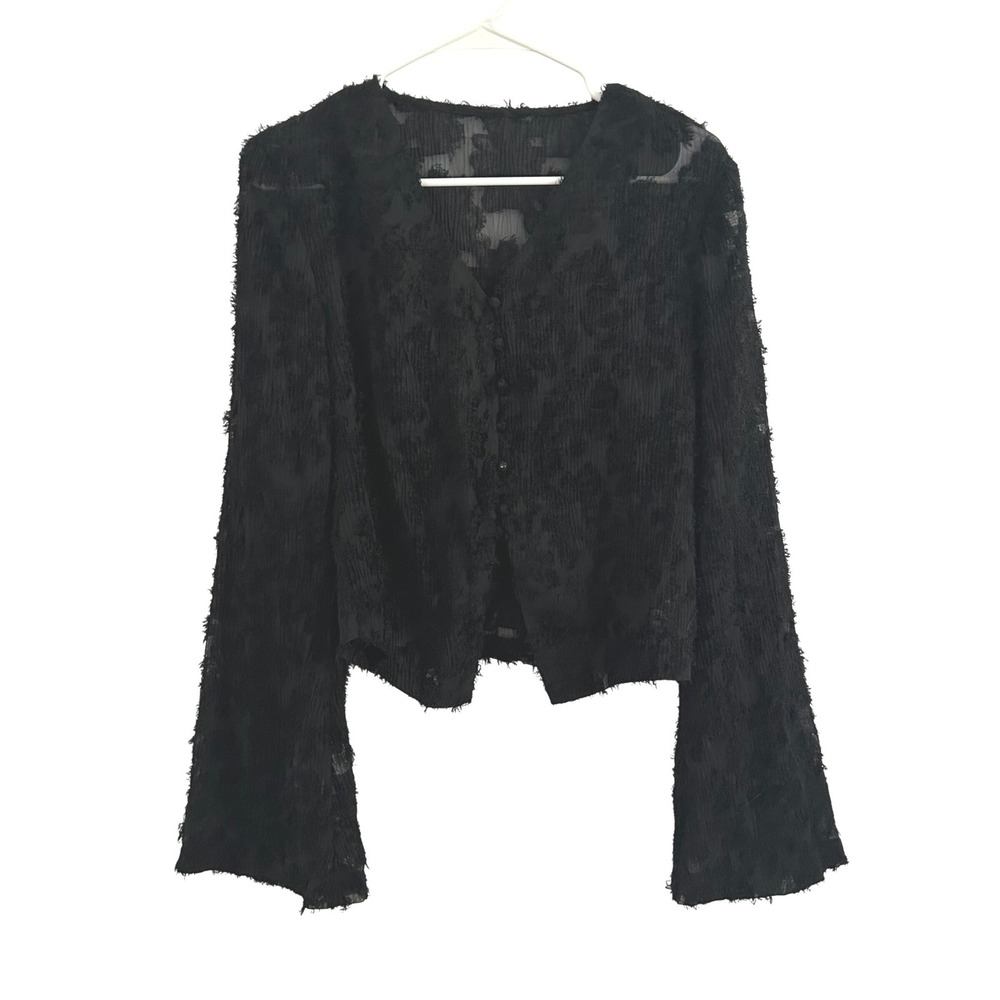 Commense Womens Black Bell Sleeve Eyelash Lace Button Front Floral Top Small